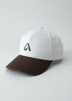 Brown and white unisex cap with embroidery, structured front and adjustable metal buckle strap by Arve Collective