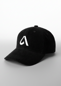 Black corduroy unisex cap with embroidery, structured front and adjustable metal buckle strap