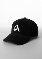 Black corduroy unisex cap with embroidery, structured front and adjustable metal buckle strap