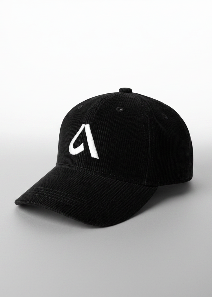 Black corduroy unisex cap with embroidery, structured front and adjustable metal buckle strap