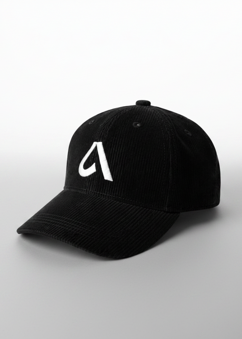 Black corduroy unisex cap with embroidery, structured front and adjustable metal buckle strap