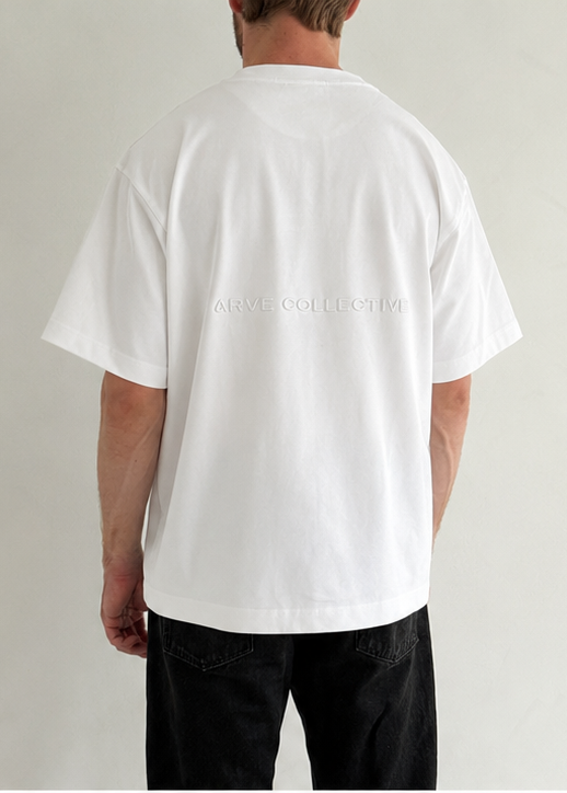 Relaxed fit unisex white t-shirt with 3D embroidery in structured cotton by Arve Collective. Designed with matching kids collection 